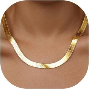 14K Gold Plated Herringbone Necklace for Women - 14-18 in Thin & Chunky Snake Ch